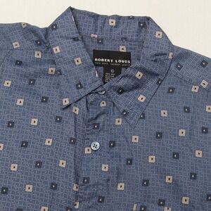 ROBERT LOUIS Men's XL Blue Geometric 100% Silk Short Sleeve Button Down Shirt
